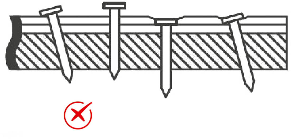 Пример неправильной забивки гвоздей при монтаже продукции.